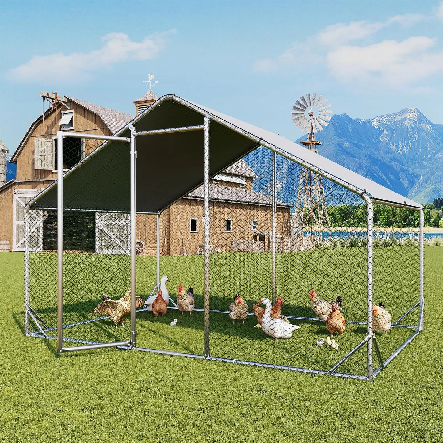 Large Metal Poultry Coop, Hexagonal Wire Mesh Cover, Galvanized Steel Build, 420D Oxford Fabric Spire Peak Roof, Security Lock, All-Season Weatherproof Enclosed Chicken Cage for Yard & Farm, Chicken Cage Enclosed