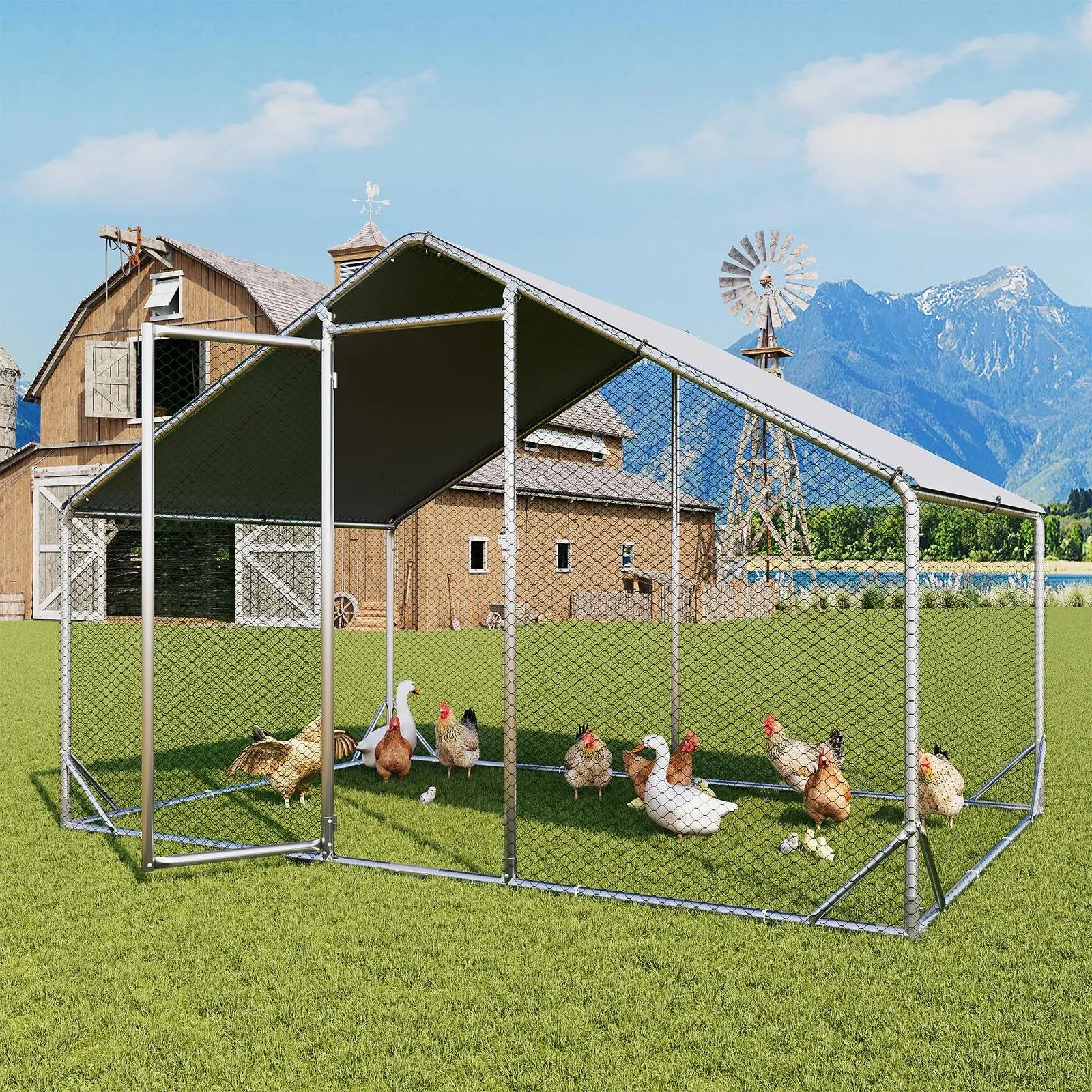 Large Metal Poultry Coop, Hexagonal Wire Mesh Cover, Galvanized Steel Build, 420D Oxford Fabric Spire Peak Roof, Security Lock, All-Season Weatherproof Enclosed Chicken Cage for Yard & Farm, Chicken Cage Enclosed