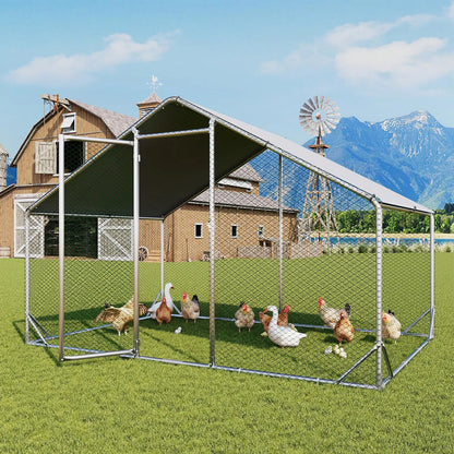 Large Metal Poultry Coop, Hexagonal Wire Mesh Cover, Galvanized Steel Build, 420D Oxford Fabric Spire Peak Roof, Security Lock, All-Season Weatherproof Enclosed Chicken Cage for Yard & Farm, Chicken Cage Enclosed