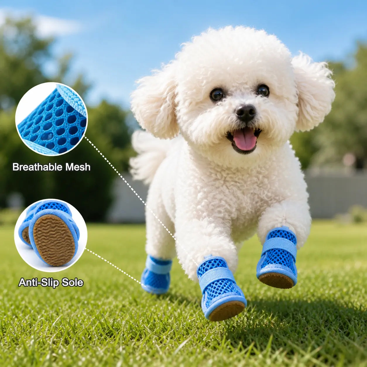 4 Counts Breathable Mesh Dog Shoes, Anti-Slip Adjustable Strap Lightweight Pet Paw Protectors for Summer Daily Outdoor Walking