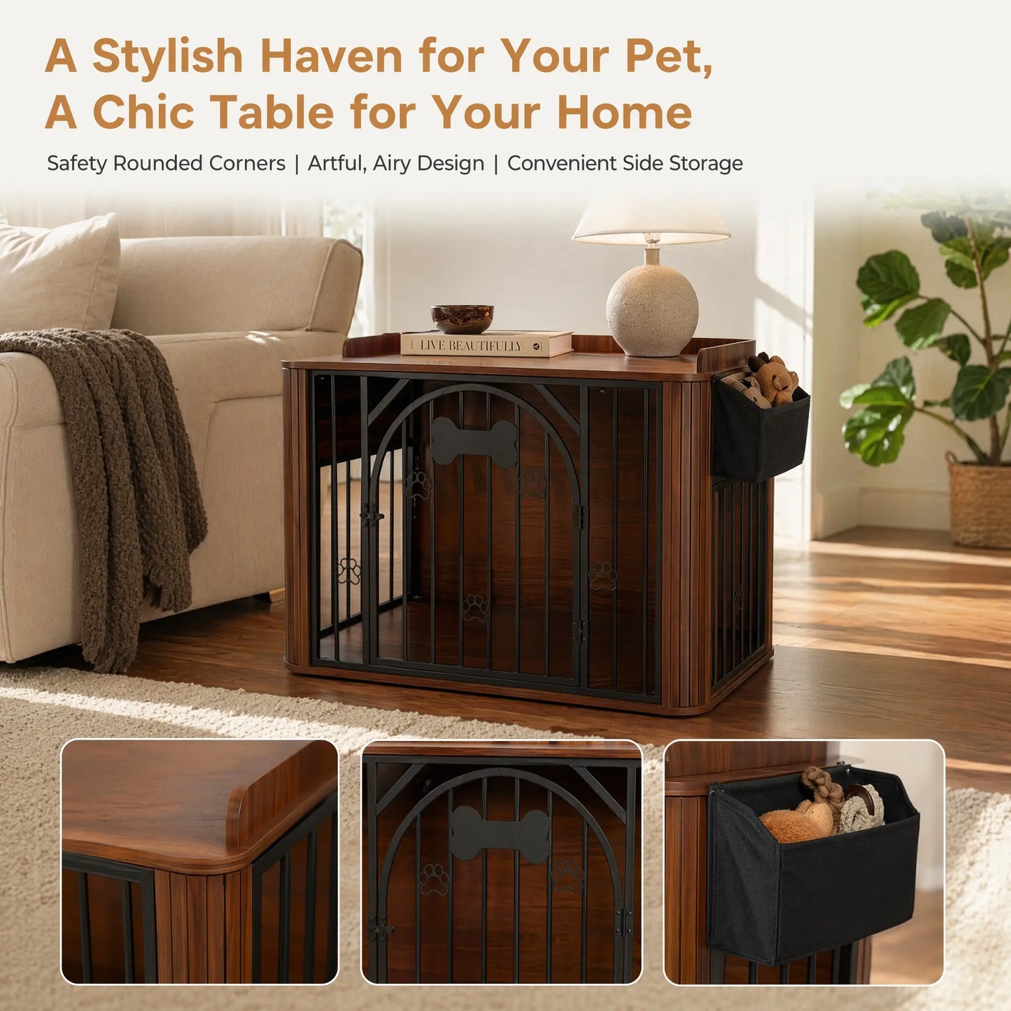 INTERGREAT Wooden Dog Crate Furniture, 40" End Table Dog Kennel with Magnetic Double Doors, Removable Storage Bag & Safety Rounded Corners, Decorative Pet House Indoor for Medium Dogs