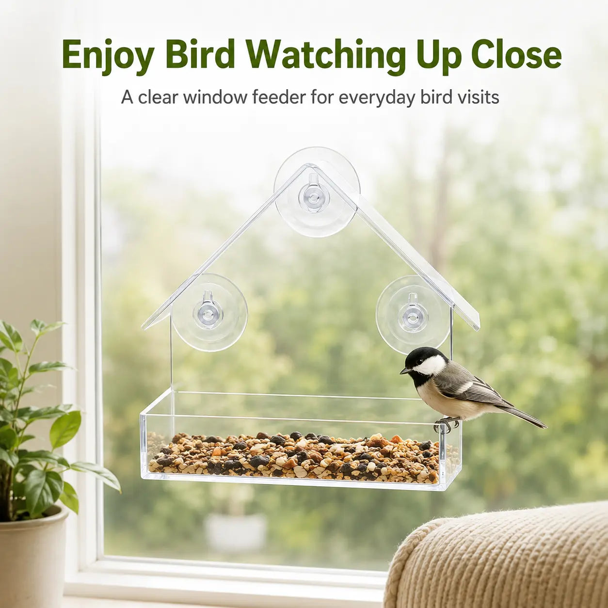 Clear Window Bird Feeder with Suction Cups, House-Shaped Wild Bird Feeding Tray for Window Bird Watching