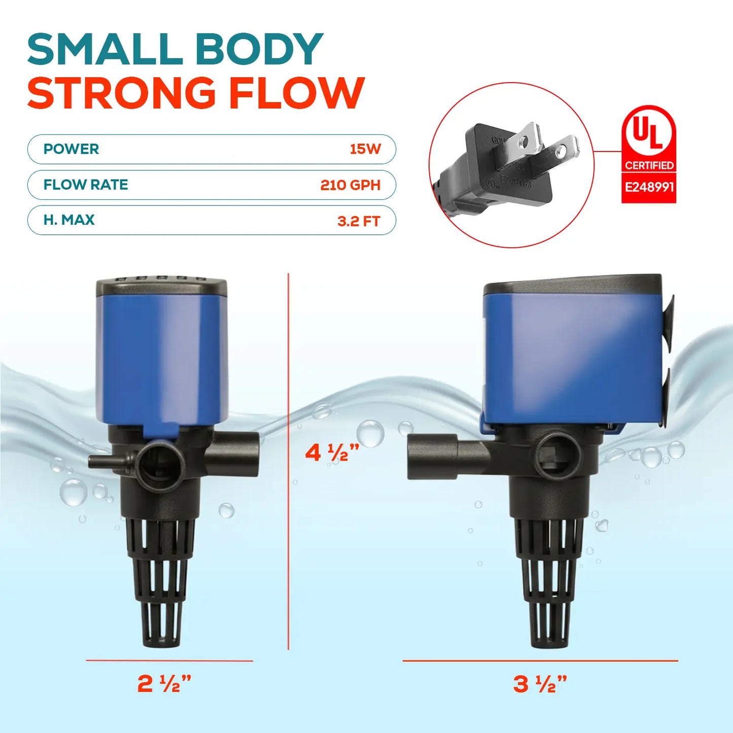 Aquadream 210 GPH Square Submersible Water Pump - 3-In-1 Quiet Filter & Oxygen Aeration Pump, 15W, 3.75" L X 2.75" W X 3" H, 6Ft Tube, Connectors, Power Supply, Easy Install, 1-Year Replacement for Fish Tanks, Fountains, Submersible Water Pumps