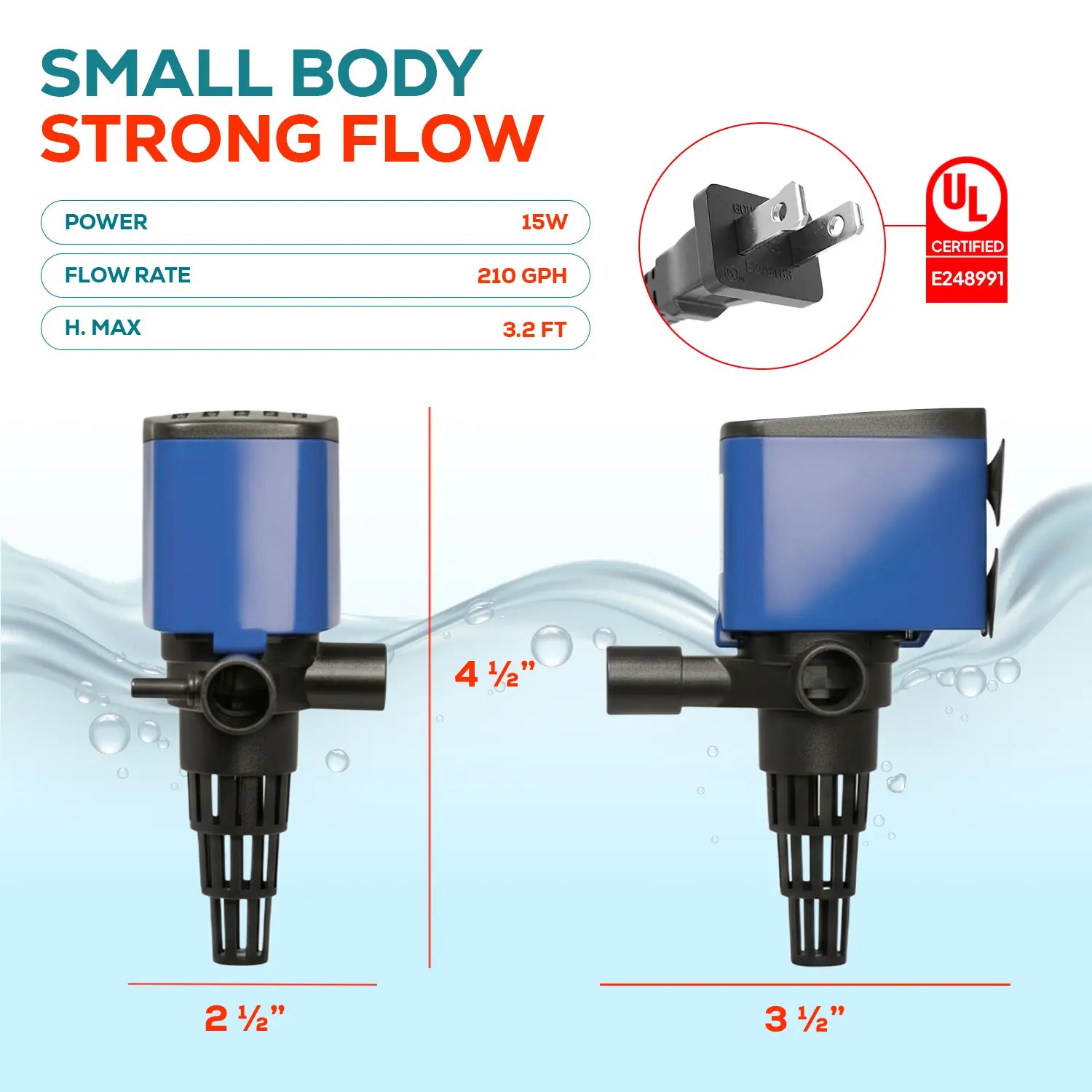 Aquadream 210 GPH Square Submersible Water Pump - 3-In-1 Quiet Filter & Oxygen Aeration Pump, 15W, 3.75" L X 2.75" W X 3" H, 6Ft Tube, Connectors, Power Supply, Easy Install, 1-Year Replacement for Fish Tanks, Fountains, Submersible Water Pumps