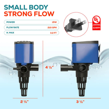 Aquadream 210 GPH Square Submersible Water Pump - 3-In-1 Quiet Filter & Oxygen Aeration Pump, 15W, 3.75" L X 2.75" W X 3" H, 6Ft Tube, Connectors, Power Supply, Easy Install, 1-Year Replacement for Fish Tanks, Fountains, Submersible Water Pumps