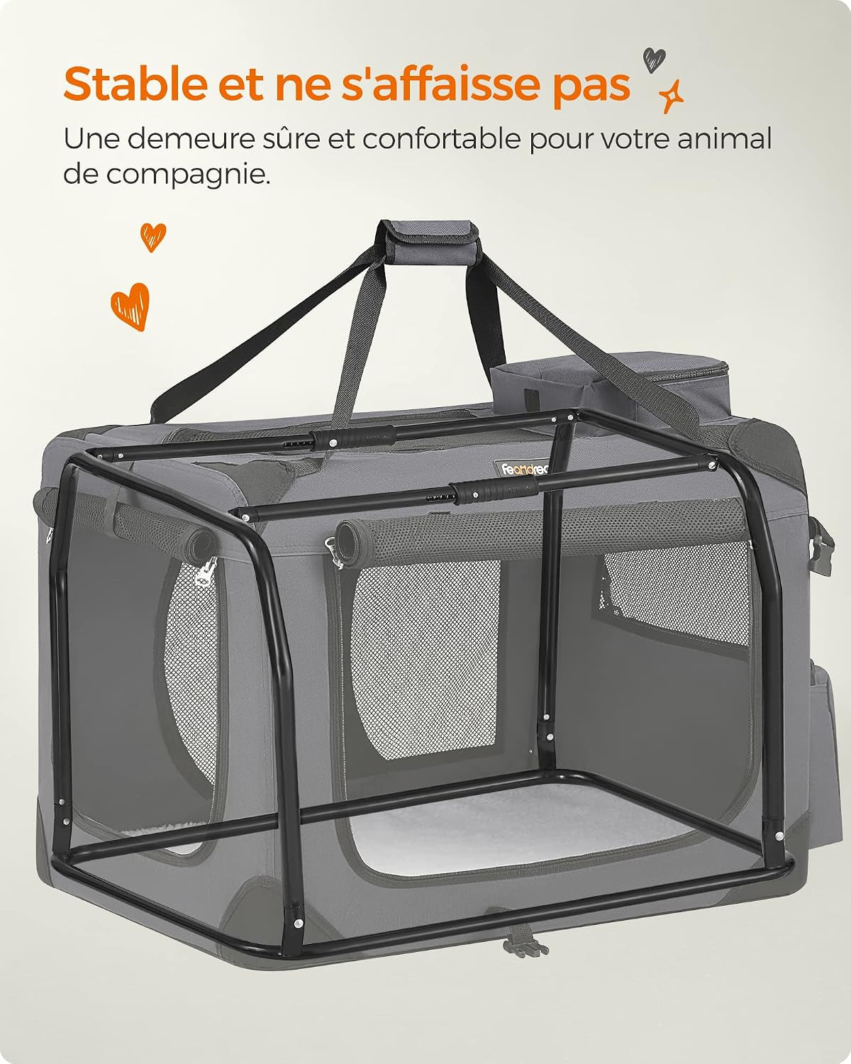 Sac Transport Chat Chien, Caisse Pliable Animaux De Companie, Taille L, Tissu Oxford, Filet, Respirant, Portable, Cadre En Métal, Avec Poignées Et Pochettes, 70 X 52 X 52 Cm, Gris