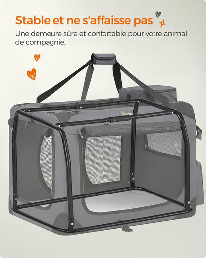 Sac Transport Chat Chien, Caisse Pliable Animaux De Companie, Taille L, Tissu Oxford, Filet, Respirant, Portable, Cadre En Métal, Avec Poignées Et Pochettes, 70 X 52 X 52 Cm, Gris