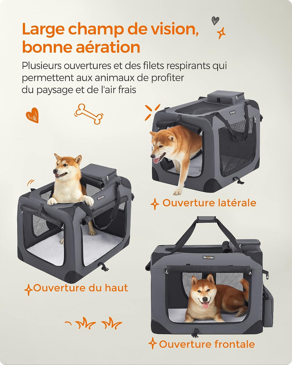 Sac Transport Chat Chien, Caisse Pliable Animaux De Companie, Taille L, Tissu Oxford, Filet, Respirant, Portable, Cadre En Métal, Avec Poignées Et Pochettes, 70 X 52 X 52 Cm, Gris