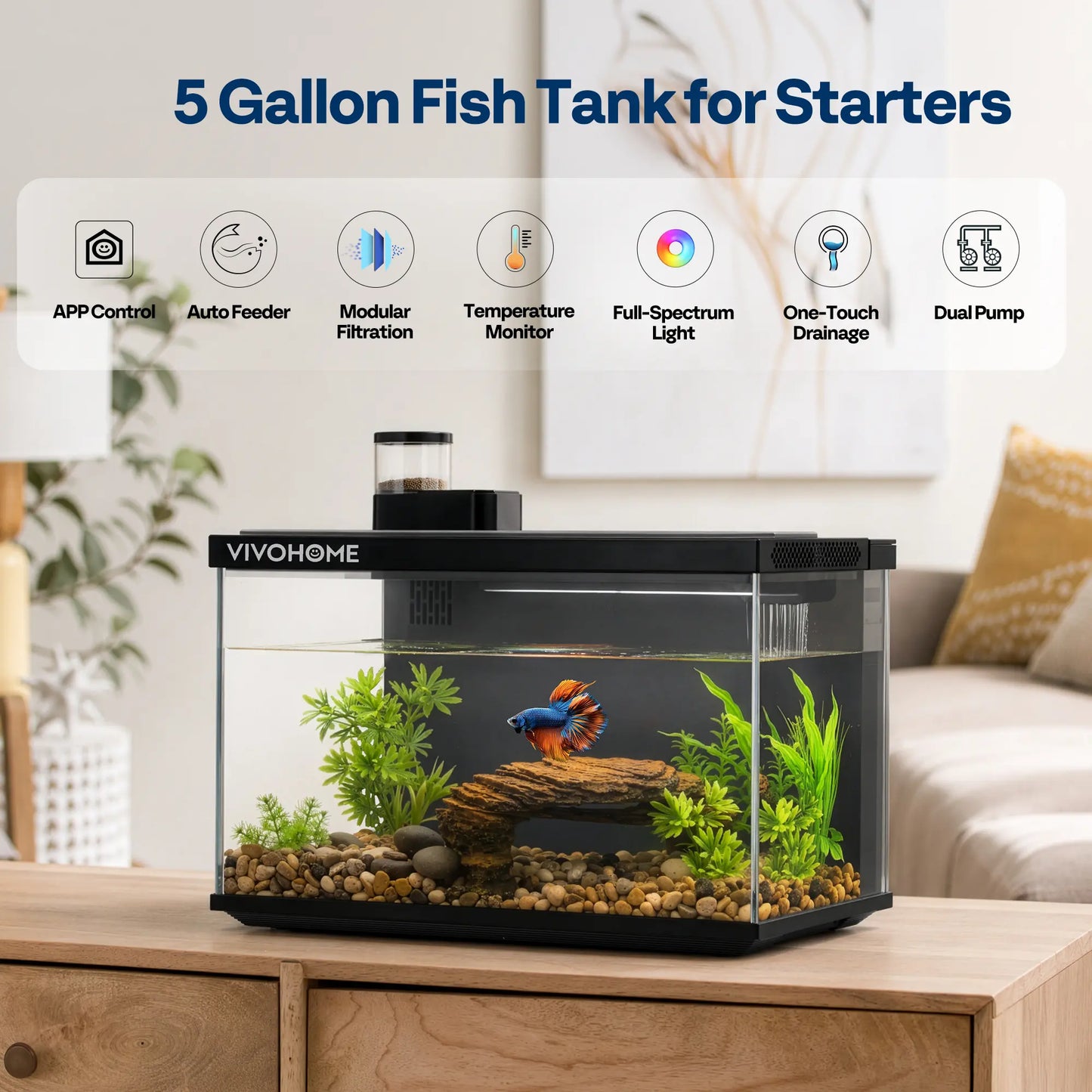 VIVOHOME 5 Gallon Smart Fish Tank with APP Control, Aquarium Starter Kit with Auto Feeder, Temperature Display, RGB LED Light, Self Cleaning Betta Fish Tank for Desktop