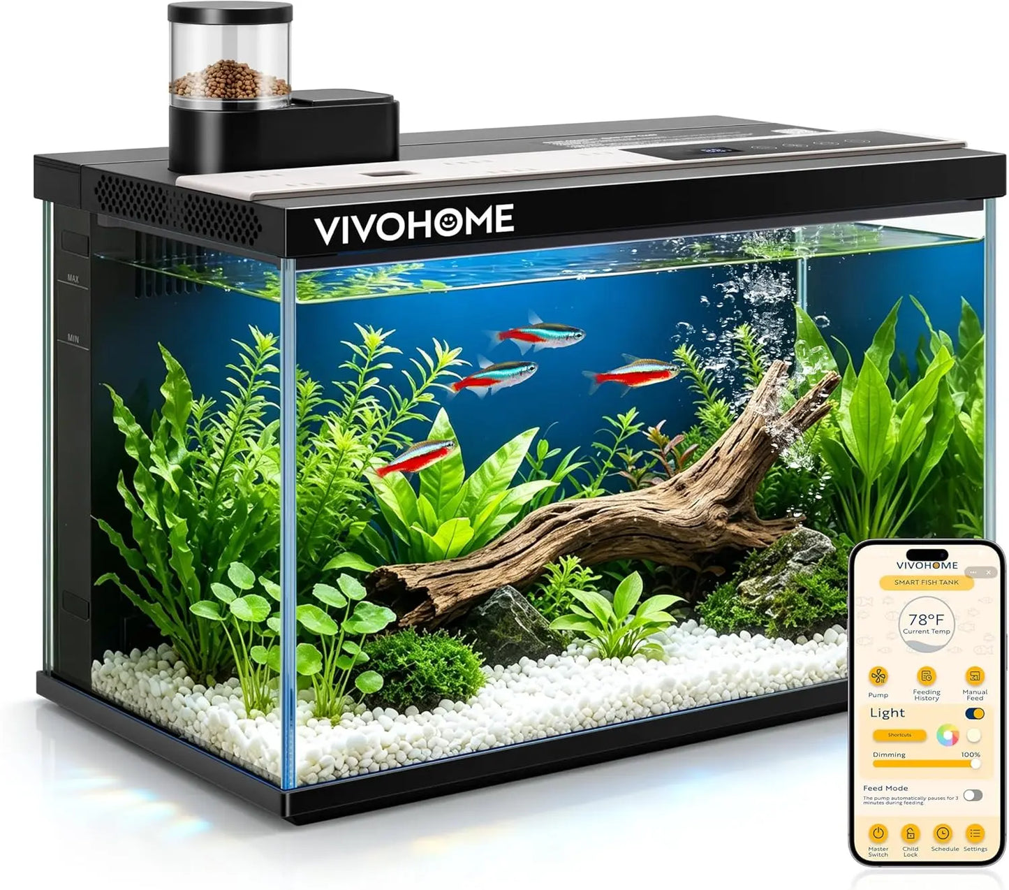 VIVOHOME 5 Gallon Smart Fish Tank with APP Control, Aquarium Starter Kit with Auto Feeder, Temperature Display, RGB LED Light, Self Cleaning Betta Fish Tank for Desktop