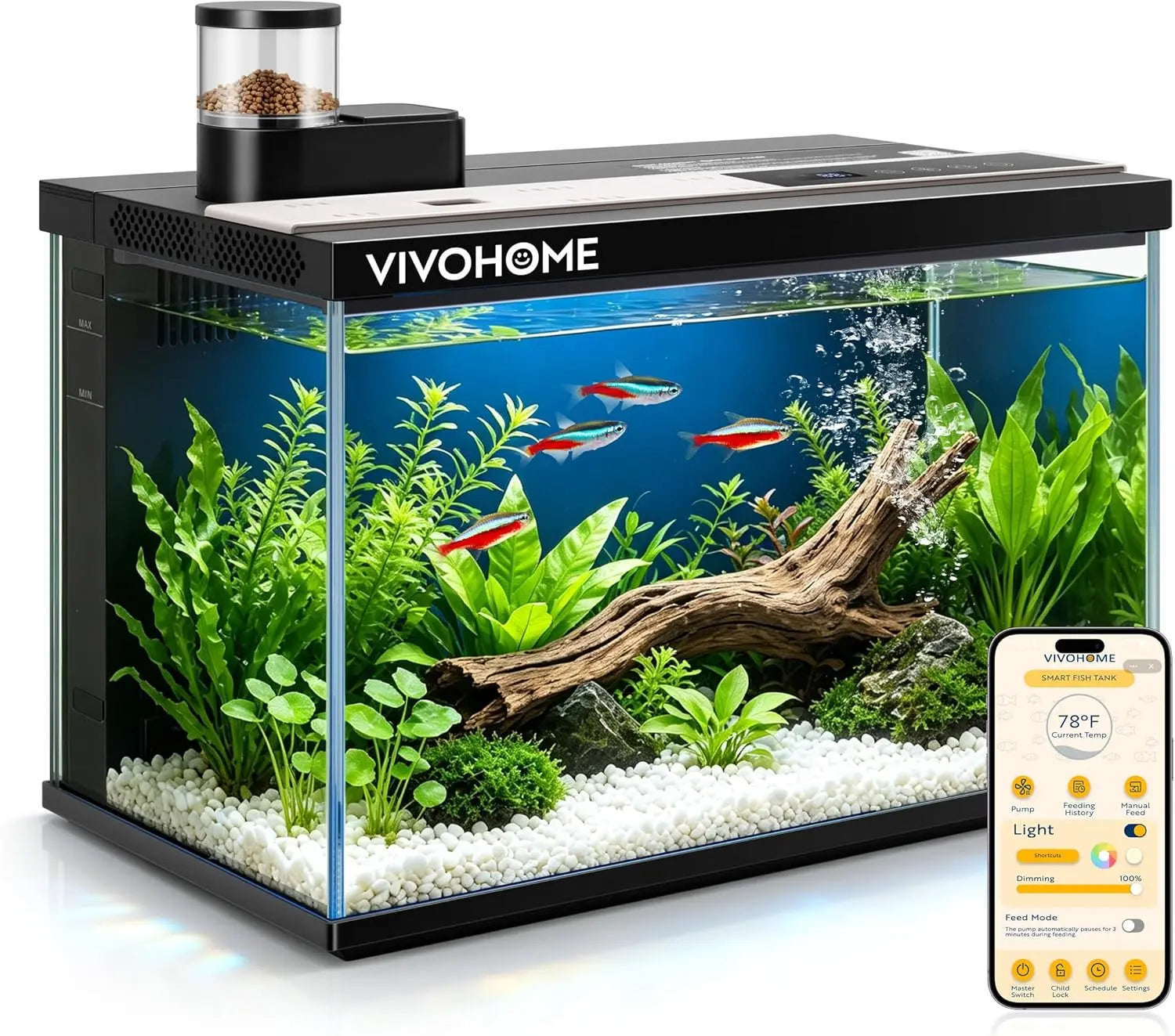 VIVOHOME 5 Gallon Smart Fish Tank with APP Control, Aquarium Starter Kit with Auto Feeder, Temperature Display, RGB LED Light, Self Cleaning Betta Fish Tank for Desktop